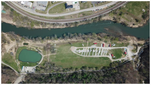 Aerial view of Hatfield's Hideout Campground serving people riding the Hatfield McCoy Trail System.