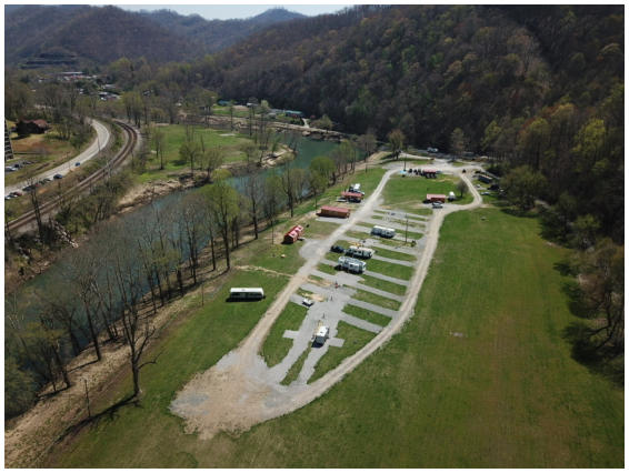 Aerial view of Hatfield's Hideout campground near McCarr Kentucky, Matewan West Virinia and the Hatfield McCoy Trail System.