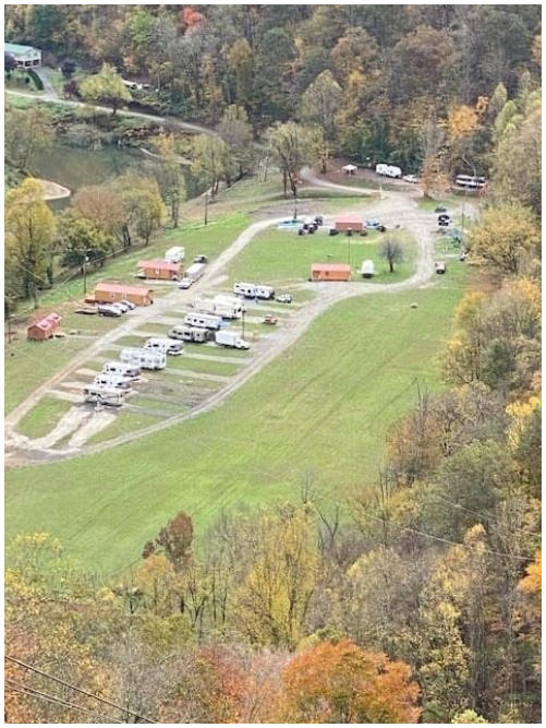 Aerial view of Hatfield's Hideout Campground cabins, RV sites and tent sites serving people riding the Hatfield McCoy Trail System.